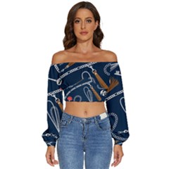 Chains-seamless-pattern Long Sleeve Crinkled Weave Crop Top