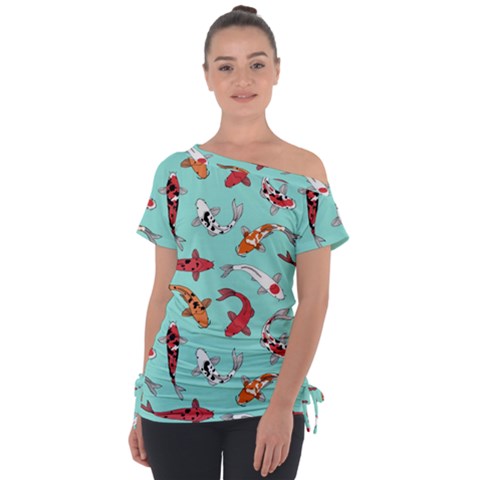 Pattern-with-koi-fishes Off Shoulder Tie-up Tee by Pakemis