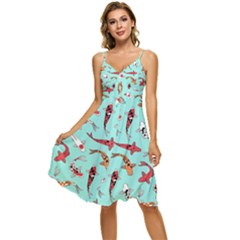 Pattern-with-koi-fishes Sleeveless Tie Front Chiffon Dress