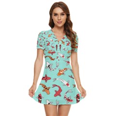 Pattern-with-koi-fishes V-neck High Waist Chiffon Mini Dress by Pakemis