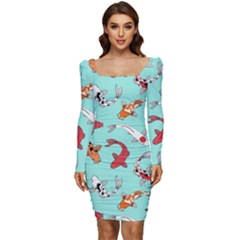 Pattern-with-koi-fishes Women Long Sleeve Ruched Stretch Jersey Dress by Pakemis