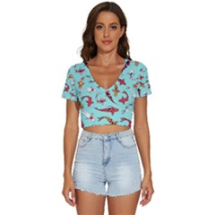 Pattern-with-koi-fishes V-neck Crop Top