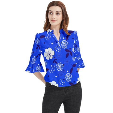 Blooming-seamless-pattern-blue-colors Loose Horn Sleeve Chiffon Blouse by Pakemis