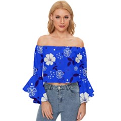 Blooming-seamless-pattern-blue-colors Off Shoulder Flutter Bell Sleeve Top by Pakemis