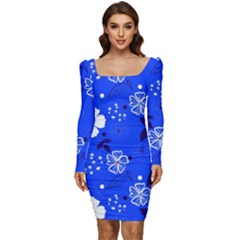 Blooming-seamless-pattern-blue-colors Women Long Sleeve Ruched Stretch Jersey Dress by Pakemis