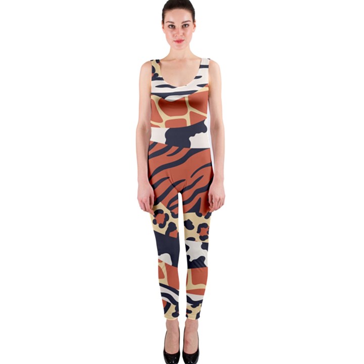 Mixed-animal-skin-print-safari-textures-mix-leopard-zebra-tiger-skins-patterns-luxury-animals-textur One Piece Catsuit