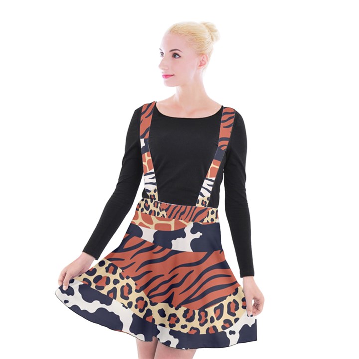 Mixed-animal-skin-print-safari-textures-mix-leopard-zebra-tiger-skins-patterns-luxury-animals-textur Suspender Skater Skirt