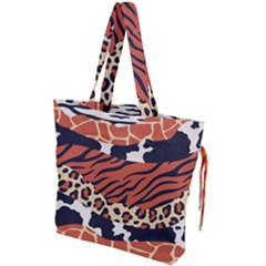 Mixed-animal-skin-print-safari-textures-mix-leopard-zebra-tiger-skins-patterns-luxury-animals-textur Drawstring Tote Bag by Pakemis