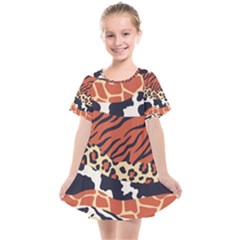 Mixed-animal-skin-print-safari-textures-mix-leopard-zebra-tiger-skins-patterns-luxury-animals-textur Kids  Smock Dress by Pakemis