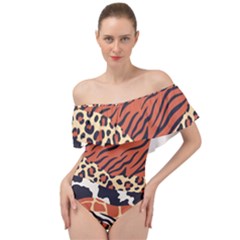 Mixed-animal-skin-print-safari-textures-mix-leopard-zebra-tiger-skins-patterns-luxury-animals-textur Off Shoulder Velour Bodysuit  by Pakemis