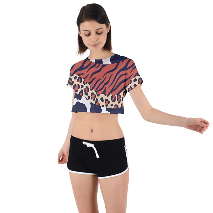 Mixed-animal-skin-print-safari-textures-mix-leopard-zebra-tiger-skins-patterns-luxury-animals-textur Tie Back Short Sleeve Crop Tee