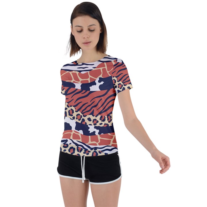 Mixed-animal-skin-print-safari-textures-mix-leopard-zebra-tiger-skins-patterns-luxury-animals-textur Back Circle Cutout Sports Tee