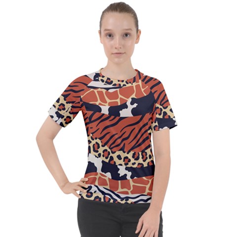 Mixed-animal-skin-print-safari-textures-mix-leopard-zebra-tiger-skins-patterns-luxury-animals-textur Women s Sport Raglan Tee by Pakemis