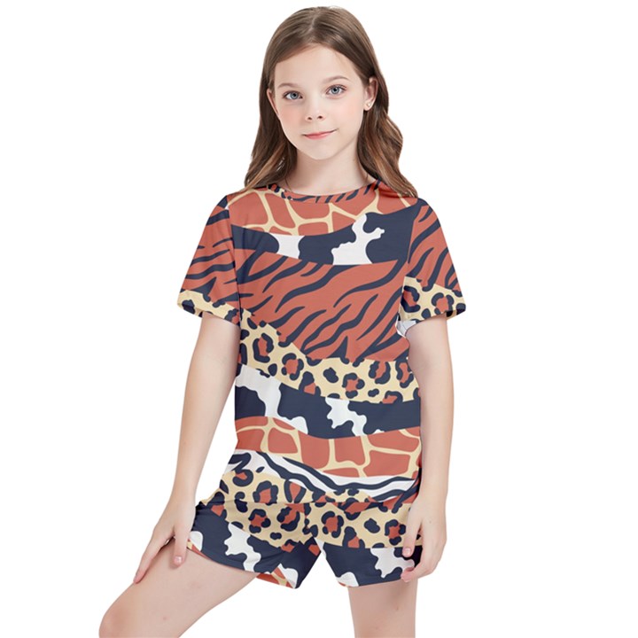 Mixed-animal-skin-print-safari-textures-mix-leopard-zebra-tiger-skins-patterns-luxury-animals-textur Kids  Tee And Sports Shorts Set