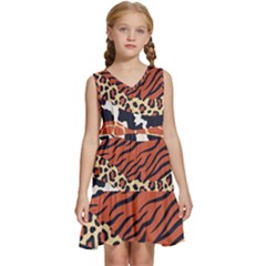 Mixed-animal-skin-print-safari-textures-mix-leopard-zebra-tiger-skins-patterns-luxury-animals-textur Kids  Sleeveless Tiered Mini Dress by Pakemis