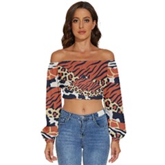 Mixed-animal-skin-print-safari-textures-mix-leopard-zebra-tiger-skins-patterns-luxury-animals-textur Long Sleeve Crinkled Weave Crop Top