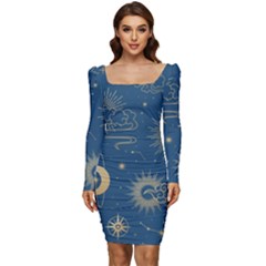 Seamless-galaxy-pattern Women Long Sleeve Ruched Stretch Jersey Dress by Pakemis