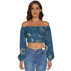 Seamless-galaxy-pattern Long Sleeve Crinkled Weave Crop Top