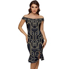 Art-deco-geometric-abstract-pattern-vector Off Shoulder Ruffle Split Hem Bodycon Dress by Pakemis