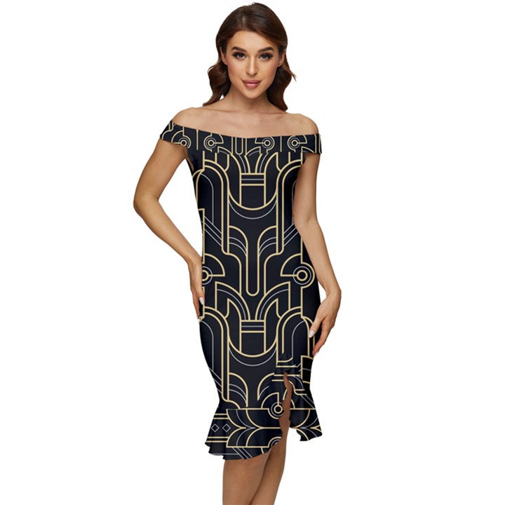 Art-deco-geometric-abstract-pattern-vector Off Shoulder Ruffle Split Hem Bodycon Dress