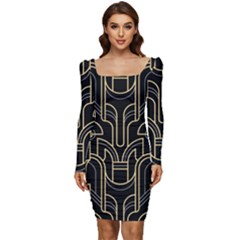 Art-deco-geometric-abstract-pattern-vector Women Long Sleeve Ruched Stretch Jersey Dress by Pakemis