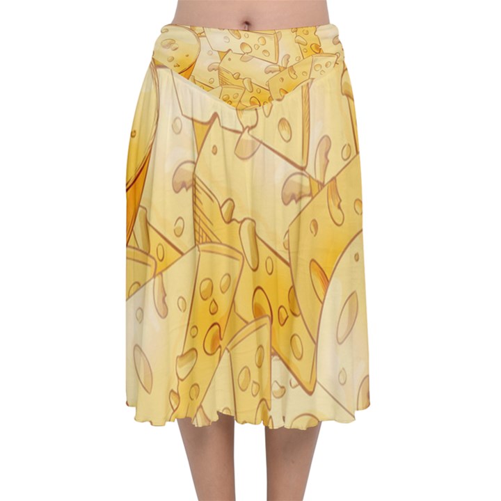 Cheese-slices-seamless-pattern-cartoon-style Velvet Flared Midi Skirt