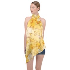 Cheese-slices-seamless-pattern-cartoon-style Halter Asymmetric Satin Top by Pakemis