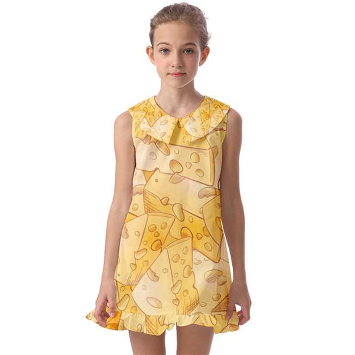 Cheese-slices-seamless-pattern-cartoon-style Kids  Pilgrim Collar Ruffle Hem Dress