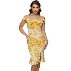 Cheese-slices-seamless-pattern-cartoon-style Off Shoulder Ruffle Split Hem Bodycon Dress