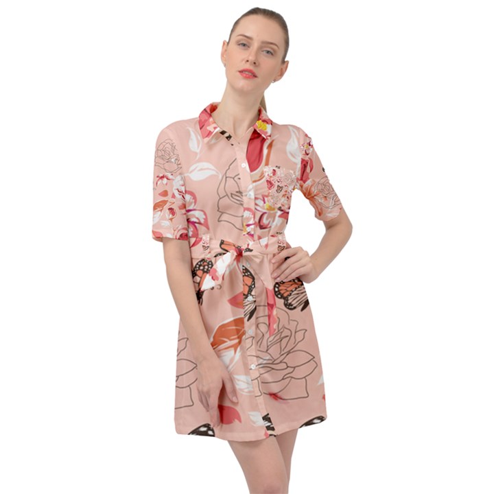 Beautiful-seamless-spring-pattern-with-roses-peony-orchid-succulents Belted Shirt Dress