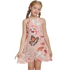 Beautiful-seamless-spring-pattern-with-roses-peony-orchid-succulents Kids  Halter Collar Waist Tie Chiffon Dress by Pakemis