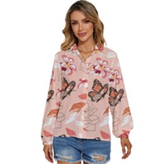 Beautiful-seamless-spring-pattern-with-roses-peony-orchid-succulents Women s Long Sleeve Button Down Shirt