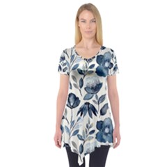 Indigo-watercolor-floral-seamless-pattern Short Sleeve Tunic  by Pakemis