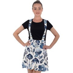 Indigo-watercolor-floral-seamless-pattern Velvet Suspender Skater Skirt by Pakemis