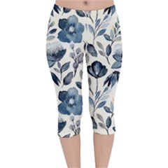 Indigo-watercolor-floral-seamless-pattern Velvet Capri Leggings  by Pakemis