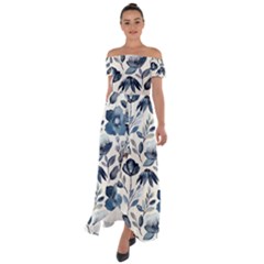 Indigo-watercolor-floral-seamless-pattern Off Shoulder Open Front Chiffon Dress by Pakemis