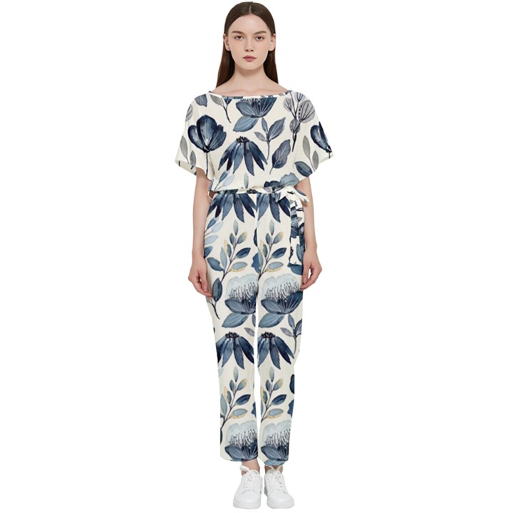 Indigo-watercolor-floral-seamless-pattern Batwing Lightweight Chiffon Jumpsuit