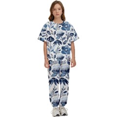 Indigo-watercolor-floral-seamless-pattern Kids  Tee And Pants Sports Set