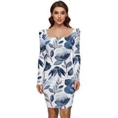 Indigo-watercolor-floral-seamless-pattern Women Long Sleeve Ruched Stretch Jersey Dress by Pakemis