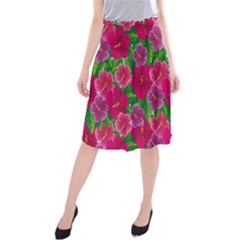 Background-cute-flowers-fuchsia-with-leaves Midi Beach Skirt by Pakemis