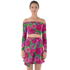 Background-cute-flowers-fuchsia-with-leaves Off Shoulder Top With Skirt Set by Pakemis