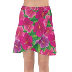 Background-cute-flowers-fuchsia-with-leaves Wrap Front Skirt by Pakemis