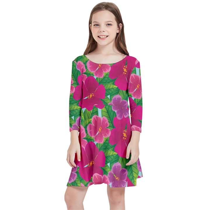 Background-cute-flowers-fuchsia-with-leaves Kids  Quarter Sleeve Skater Dress