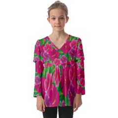 Background-cute-flowers-fuchsia-with-leaves Kids  V Neck Casual Top by Pakemis