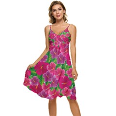 Background-cute-flowers-fuchsia-with-leaves Sleeveless Tie Front Chiffon Dress