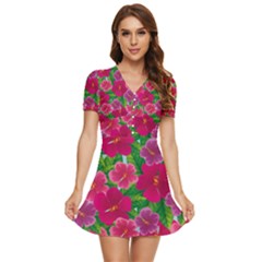 Background-cute-flowers-fuchsia-with-leaves V-neck High Waist Chiffon Mini Dress