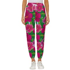 Background-cute-flowers-fuchsia-with-leaves Cropped Drawstring Pants by Pakemis