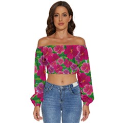 Background-cute-flowers-fuchsia-with-leaves Long Sleeve Crinkled Weave Crop Top