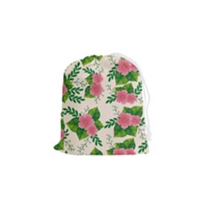 Cute-pink-flowers-with-leaves-pattern Drawstring Pouch (small) by Pakemis