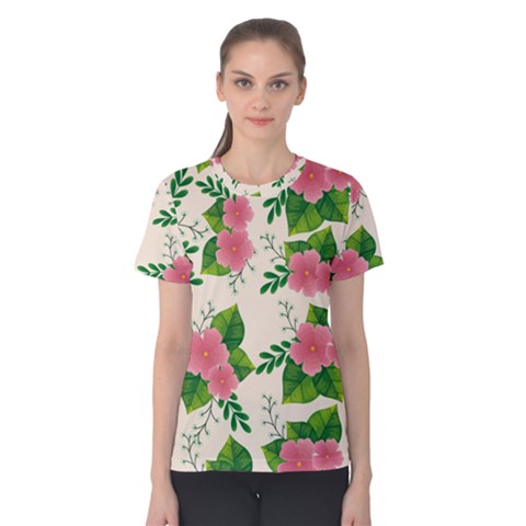 Cute-pink-flowers-with-leaves-pattern Women s Cotton Tee by Pakemis